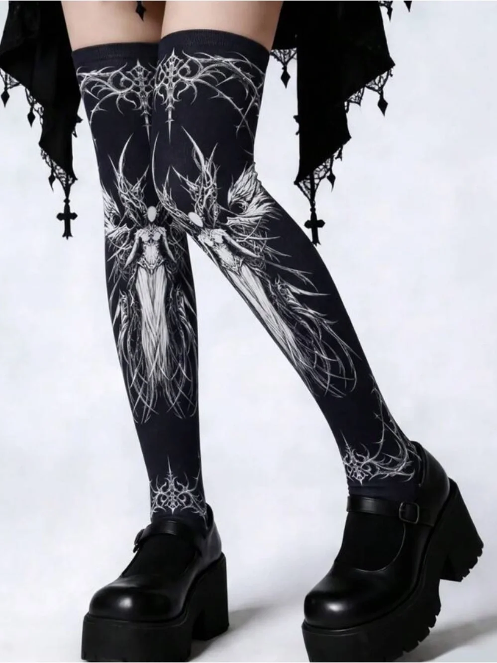 Gothic Angel Graphic Over-the-Knee Tights - Black/White
